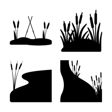 Black and White Silhouette Composition Featuring Aquatic Plants and Marsh Elements