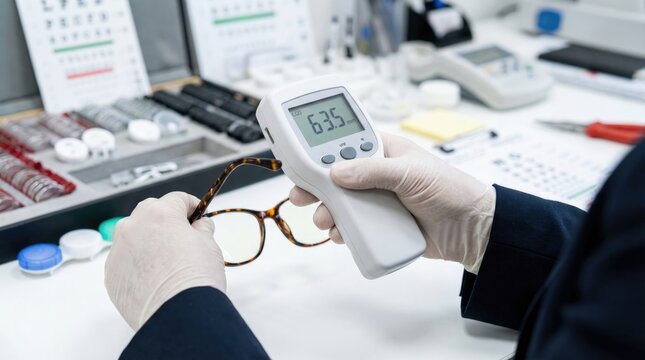 Optician hands in white medical gloves holding eyeglasses and using a digital lensmeter to check lens parameters