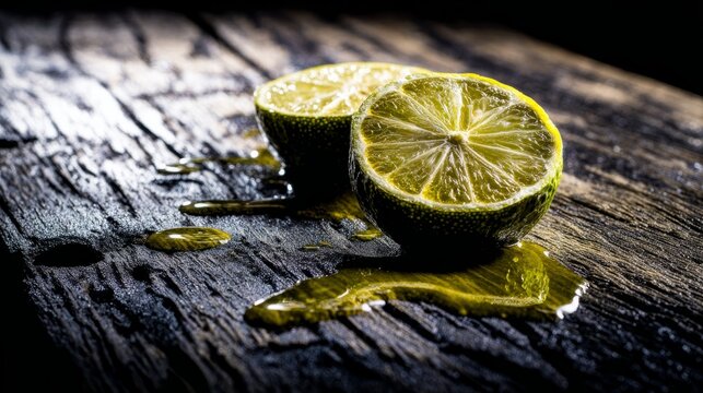 sudachi. A sudachi lime sliced in half on a rustic wooden cutting board, droplets of fresh juice. menu design, packaging mockups, designed for food delivery and cloud-kitchen brand materials.
