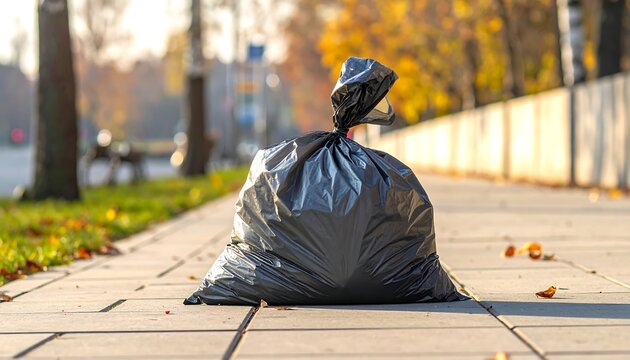 An inflated black plastic bag, tightly knotted, sits prominently on a sidewalk. The blurred background depicts trees and a street