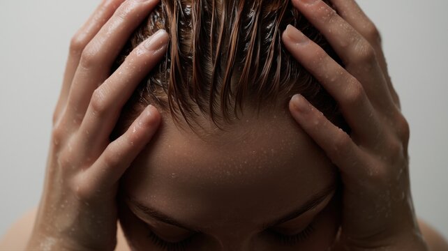 濡れた髪を手で押さえる女性のアップ写真。ヘアケアやリラクゼーションのイメージ素材