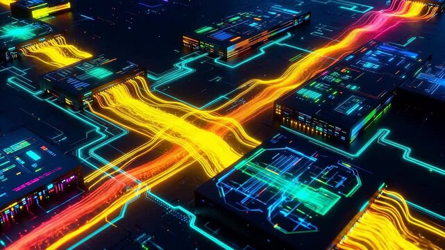 Futuristic circuit board with glowing lines emphasizing precision, focus, and dedication