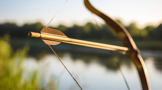 projectile. A taut bowstring at its limit, arrow nocked and aimed. product launch decks, UI/UX mockups, designed for product launches and innovation pitches, used by sales representatives.
