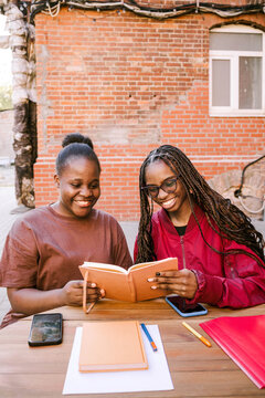 Two friends study and smile together.