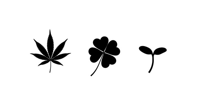Three iconic plant silhouettes representing growth, luck, and nature on a white background