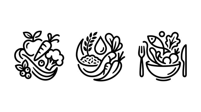 Healthy food icons representing balanced diets and nutritional meals.