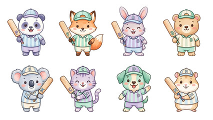 Fototapeta premium Collection Set of Funny cartoon vector icon set illustration of a cute baby animal character playing cricket with sport featuring an animal icon collection watercolor pastel style Sticker Design