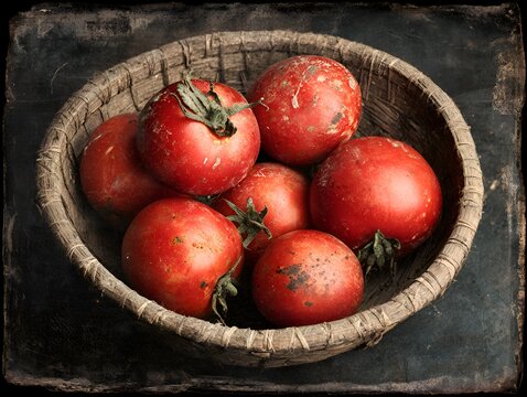 A rustic woven basket holds a vibrant harvest of ripe, red tomatoes still bea their green stems against a dark textured background.