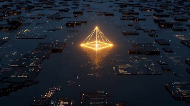 Futuristic digital landscape with glowing pyramid for high-end commercial advertising