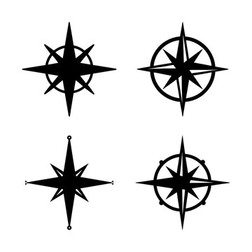 Set of Four Compass Rose Vector Illustrations, Navigation Theme Graphics Collection