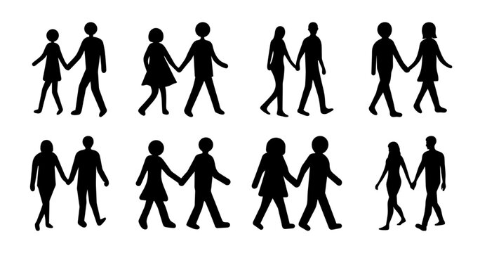 Diverse couples holding hands silhouettes walking forward in a clean line arrangement