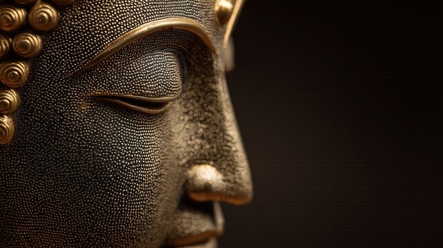 細かな模様が美しい仏像の顔のアップ。宗教や文化のイメージ素材に最適な写真。