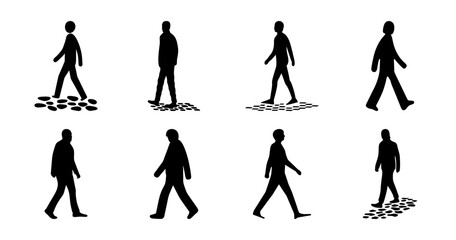 Fototapeta premium Silhouettes of people walking on various surfaces, depicted in black and white