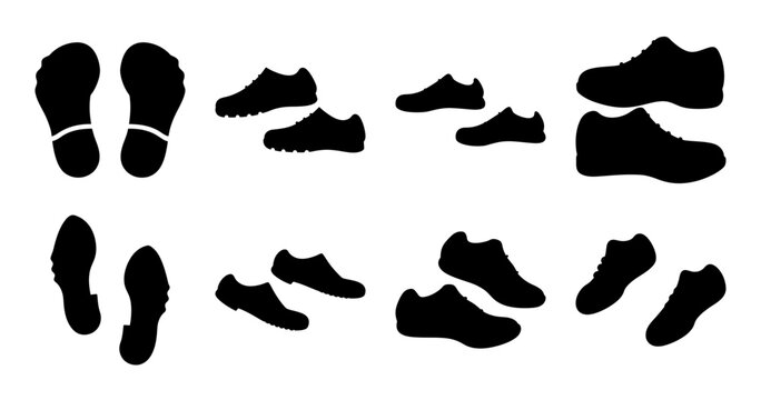 Various footprints and shoe silhouettes in black and white vector art