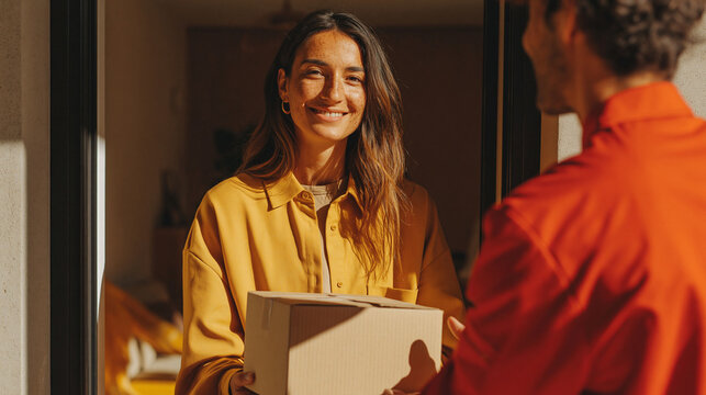 Doorstep Delivery and Smiling Receiver: A package arrives at the doorstep. A cheerful person in yellow takes delivery. Delivery service is in the orange outfit with a smile.
