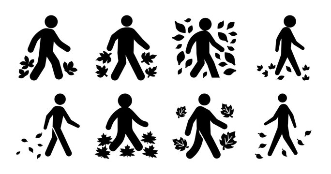 Collection of Black and White Pictograms Showing People Walking Through Leaves