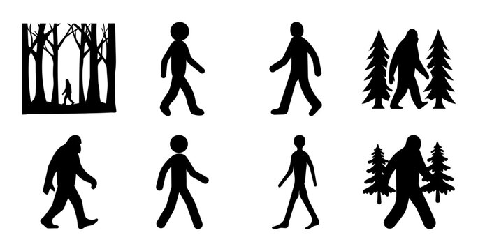 Silhouetted depiction of humans, a figure in a forest and Bigfoot