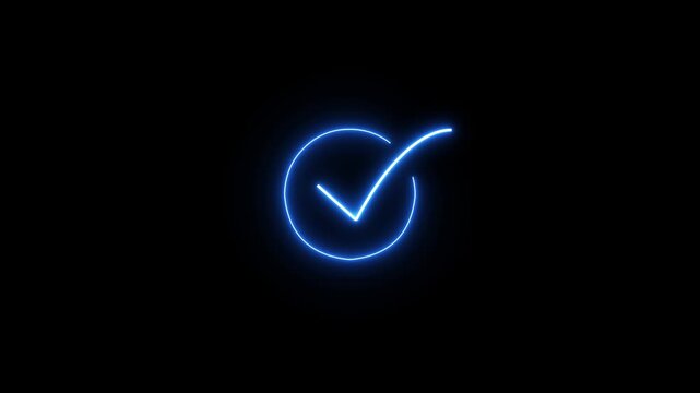 Glowing Check Mark Approval Symbol with Neon Light Effect on Black Dark Background Representing Success Confirmation and Validation Icon Concept