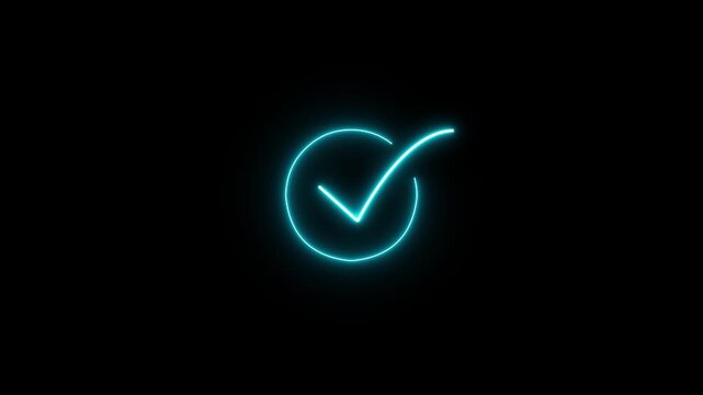 Neon Check Mark Verification Symbol with Blue Glow Effect on Black Dark Background Representing Approved Status and Digital Confirmation Icon