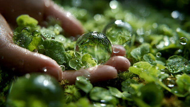 Hands Cupping Green Seedling and Crystal Ball: Concept for Sustainable Future and Environmental Protection. Nurturing Nature: Sustainability and Environmental Conservation Concept with Green Plant and
