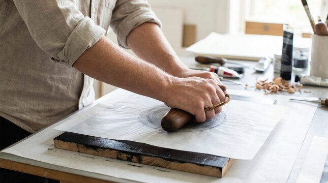 Printmaker rubbing a wooden baren tool over paper to transfer ink from a carved block