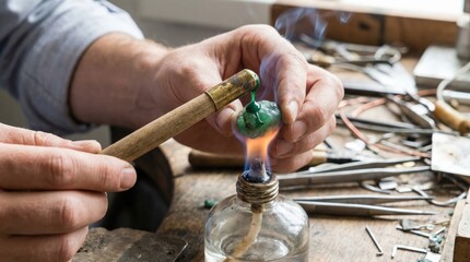 Obraz premium Jeweler melting green wax over an alcohol lamp flame to set a raw green stone