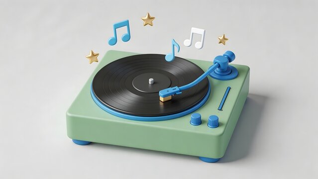 Colorful vinyl record player with musical notes
