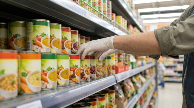 Store employee wearing gloves organizing and stocking cans of soup on a supermarket shelf