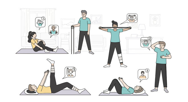 Diverse people doing home physiotherapy exercises with online guidance
