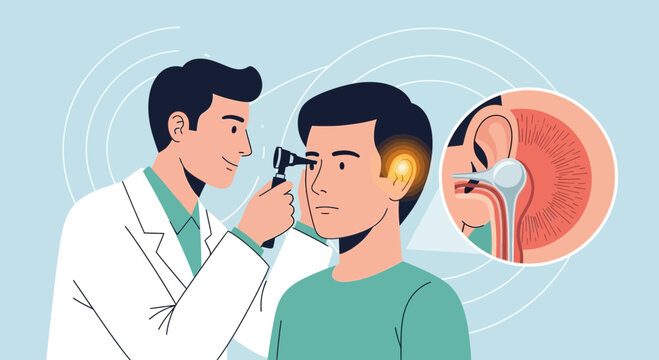 Doctor examining patient's ear with otoscope, showing ear canal and eardrum detail
