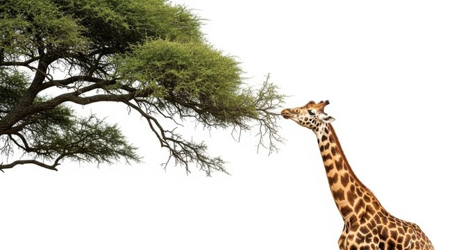 Giraffe eating leaves from acacia tree isolated on white background