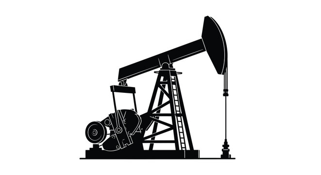 A stark black silhouette depicts an oil pump commonly known as a nodding donkey in operation