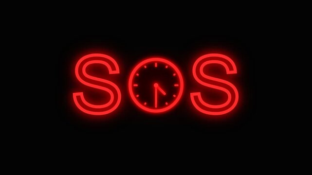 Red Neon SOS Sign with Clock Running Out of Time Animation.