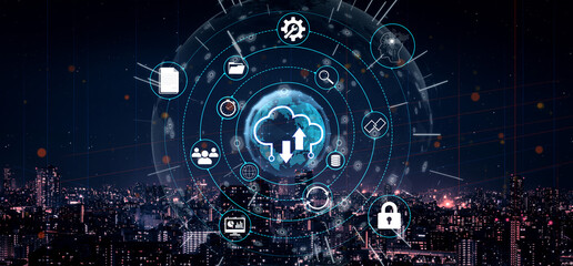 Obraz premium Futuristic Digital Cloud Technology Interface Over City Skyline at Night with Symbols Representing Data and Connectivity Quark.