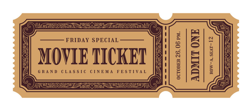 Vintage grand classic cinema festival ticket with ornate border