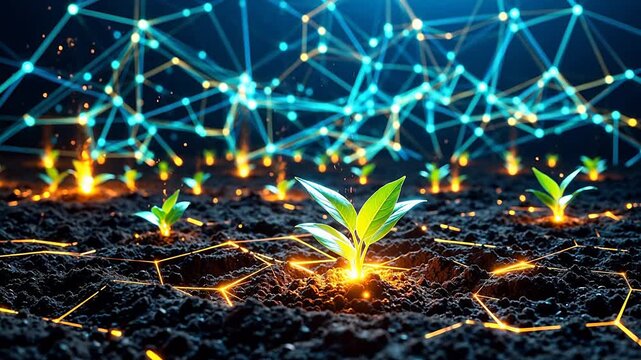 Growing plants with glowing network connections symbolizing peace, mindfulness, and relaxation
