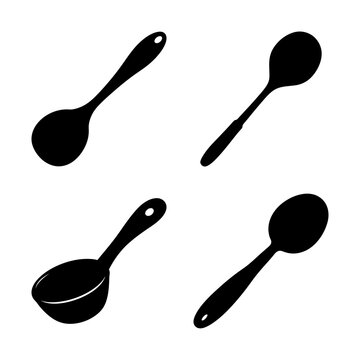 Four different spoons illustrated as simple black silhouettes on white background