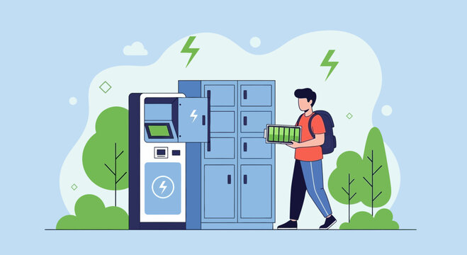 Man charging electric scooter battery at smart locker station in park