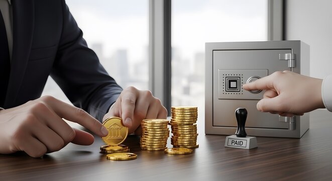 Close-up of a suited man stacking gold coins on a desk next to a safe with a city view background