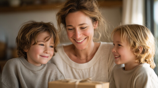 Mother receiving a handmade card from two young children on Mother's Day morning, breakfast tray in background, candid unposed joyful moment, family love, motherhood celebration, domestic warmth spr