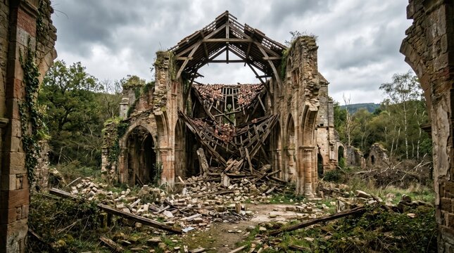 Stone abbey with collapsed roof in overgrown woodland clearing