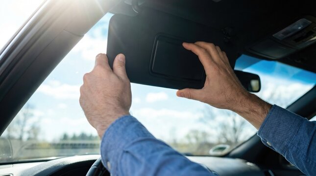 Driver sitting inside a car using both hands to adjust the black interior sun visor against bright sunlight