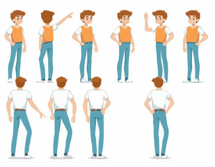 Fototapeta premium Casual boy character constructor for animation. Front, side and back view set. Body parts, postures, poses collection.