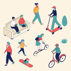 Fototapeta premium Top view of people of different genders and ages walking, standing, sitting on a couch, armchair, riding a scooter, bicycle, skateboard, motorcycle. View from above. Aerial. Colourful set of vector