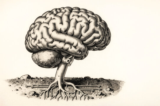 Human brain shaped as tree with roots conceptual illustration of intelligence neuroscience and growth