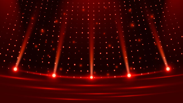 Red Glowing Stage Light Background with Sparkling Particles &ndash; Abstract Spotlight Scene, Luxury Event and Presentation Backdrop Vector Illustration