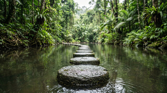 Stepping Stones Across Calm Rainforest Water in Lush Tropical Jungle