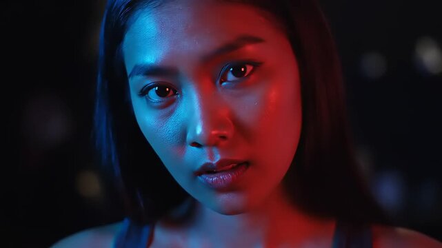 A close-up portrait of a young woman looking directly at the camera with a mix of blue and red lighting on her face in a dark room.