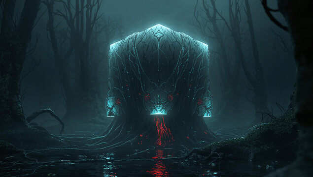 生命化したAIコアが異形の湿地に根を張る不穏なSFイラスト