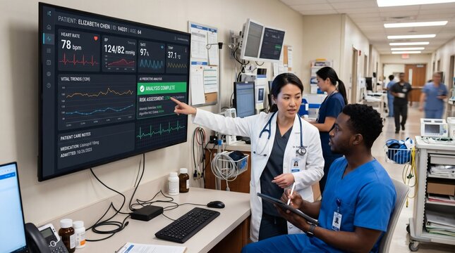 Medical professionals collaborating around a digital display showing patient vital signs in a hospital setting.